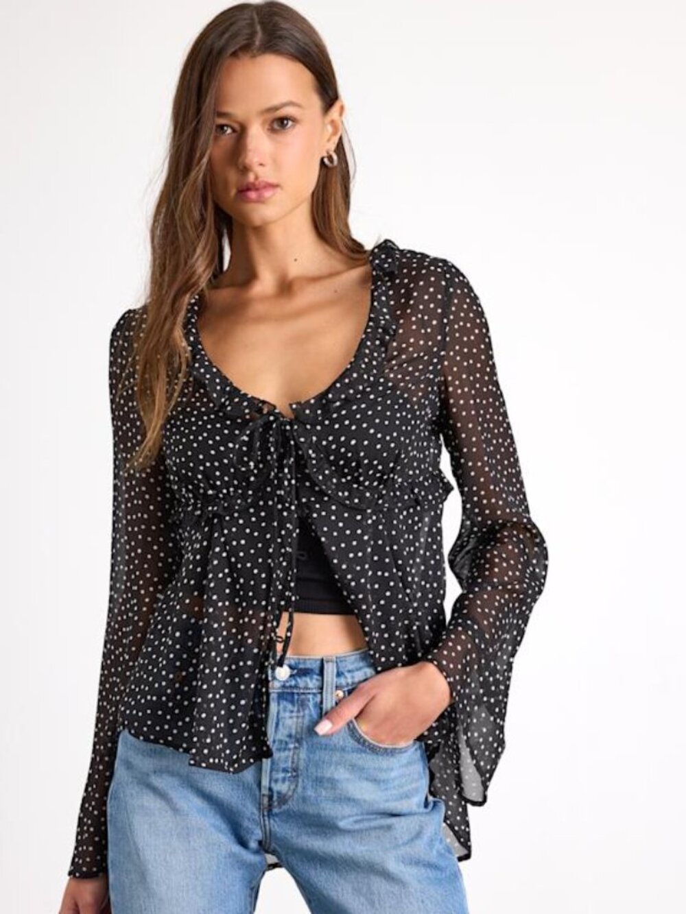 Lulus Laelia Black Polka Dot Sheer Tie-front Long Sleeve Top - Size S